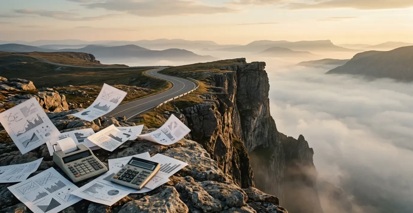 Business professionals examining financial charts near a cliff edge symbolizing cash runway risk