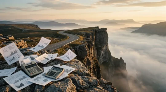 Business professionals examining financial charts near a cliff edge symbolizing cash runway risk