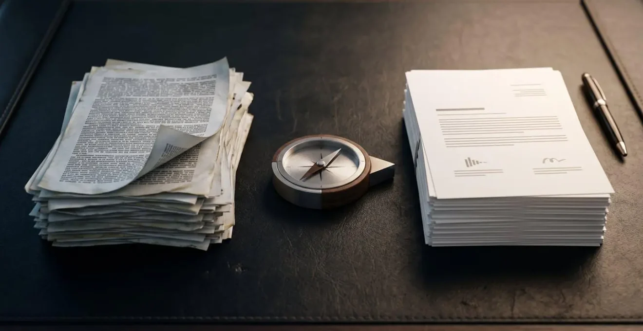Strategic planning materials arranged on desk showing business transformation narrative without readable text