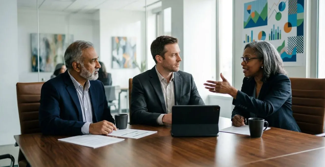 Executive team reviewing pension contribution strategies in modern office