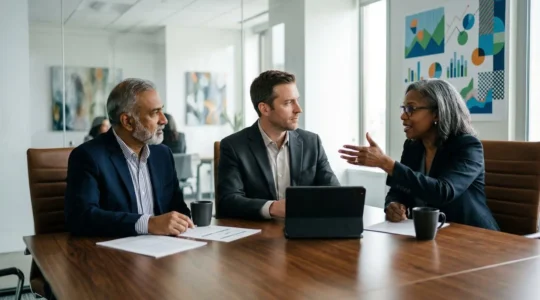 Executive team reviewing pension contribution strategies in modern office