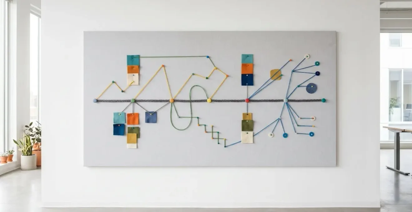 Wide shot of calendar planning board showing business transition timeline