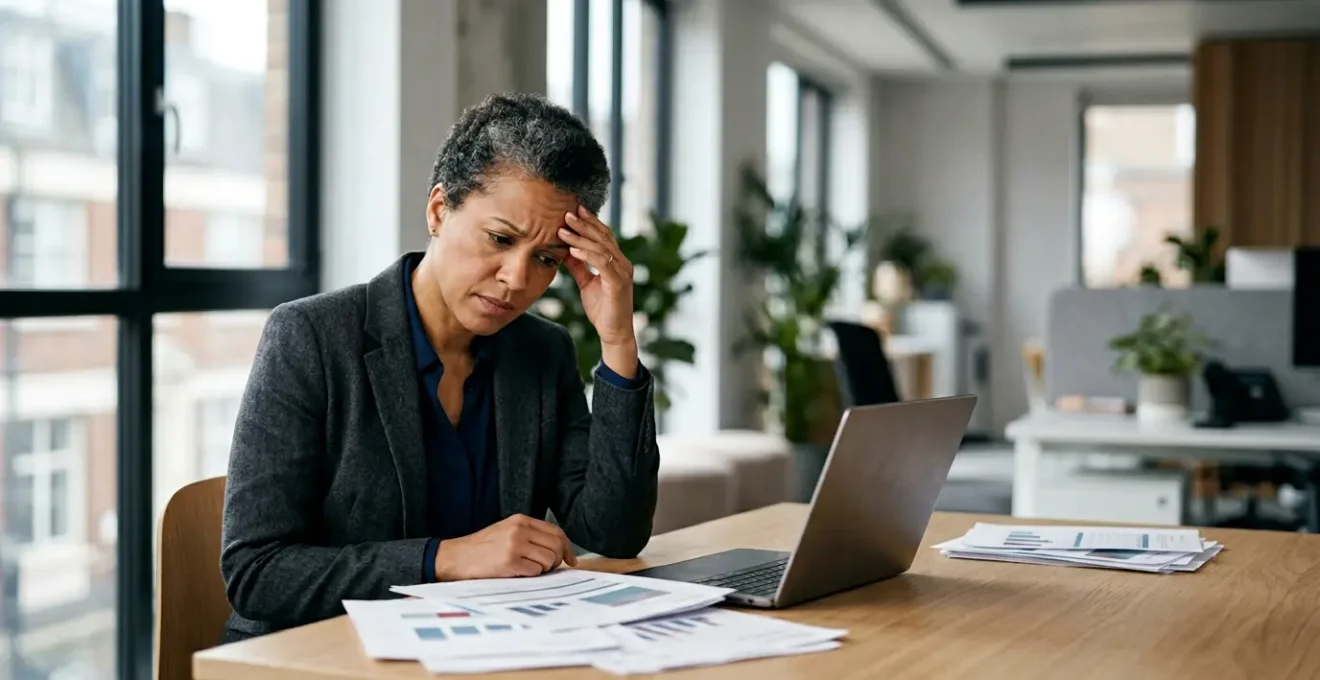 Stressed UK business owner reviewing urgent financial documents in modern office setting