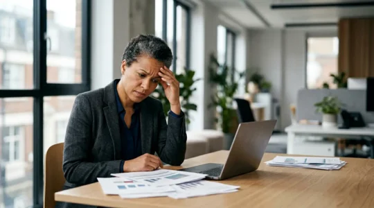 Stressed UK business owner reviewing urgent financial documents in modern office setting