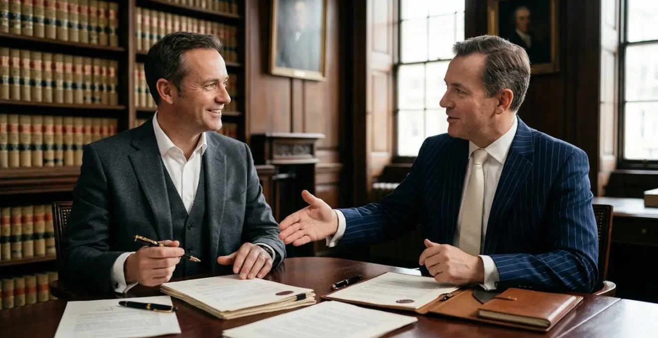 Professional business partners in UK formal meeting room signing legal documents