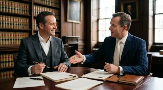 Professional business partners in UK formal meeting room signing legal documents