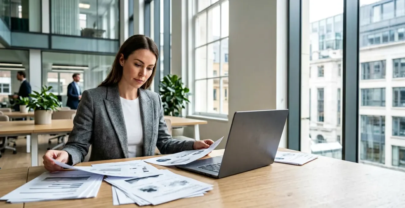 Professional business owner reviewing financial documents in modern UK office setting