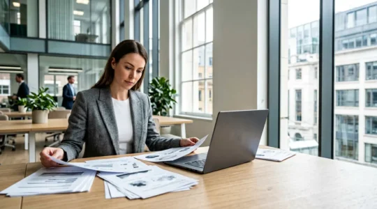 Professional business owner reviewing financial documents in modern UK office setting