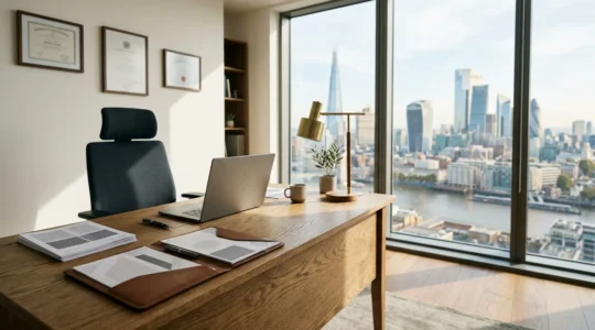 Professional workspace setup showcasing the UK company registration process with modern office elements
