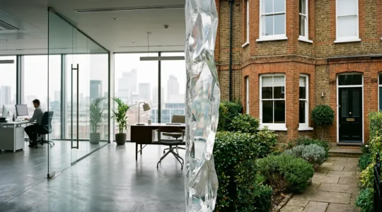 Professional photograph showing a UK business office with protective elements symbolizing asset protection and corporate structure