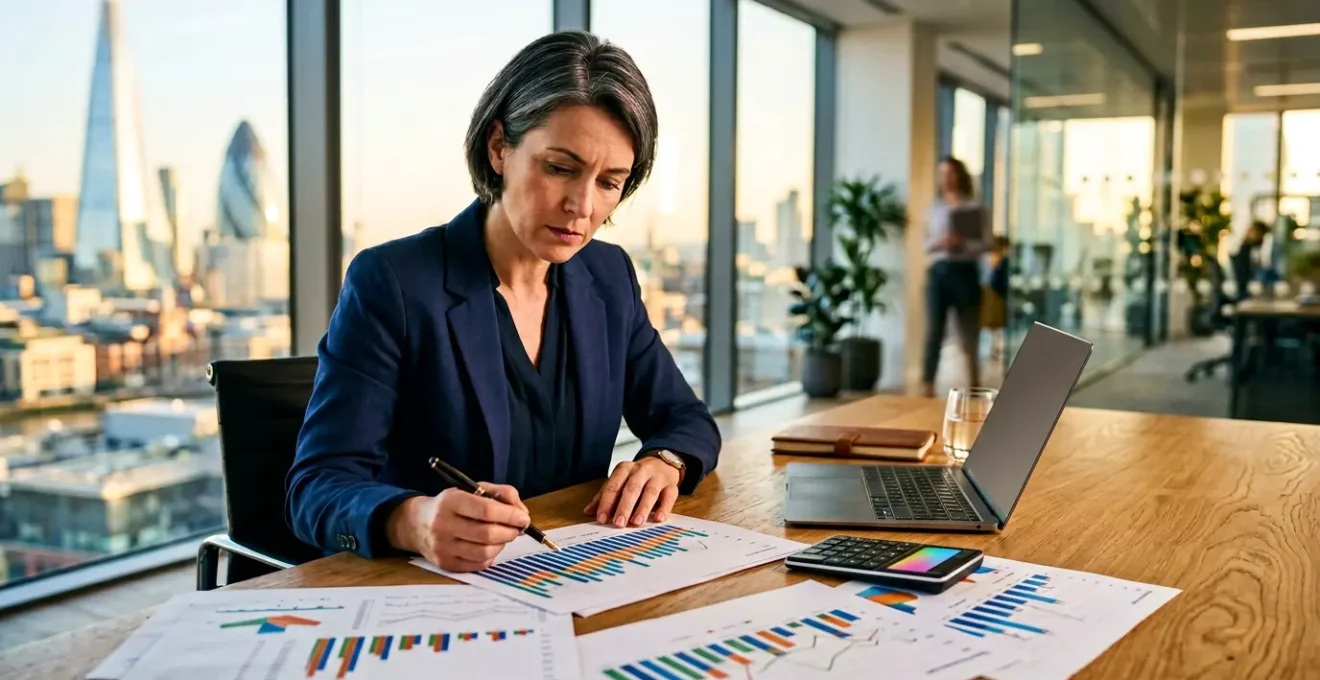 Strategic financial planning meeting with tax documents and calculators in a UK corporate office