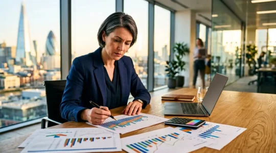 Strategic financial planning meeting with tax documents and calculators in a UK corporate office