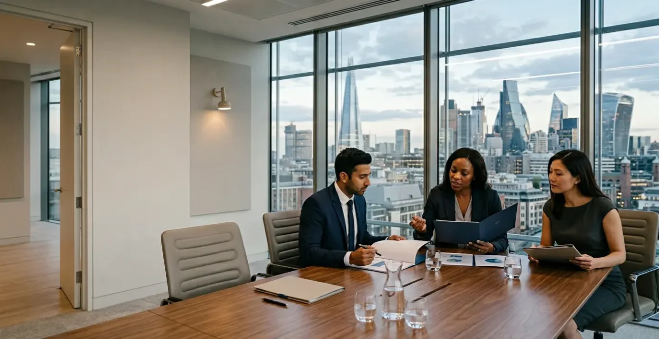 Professional business meeting in modern UK boardroom discussing tax strategies