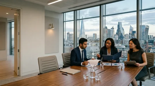 Professional business meeting in modern UK boardroom discussing tax strategies