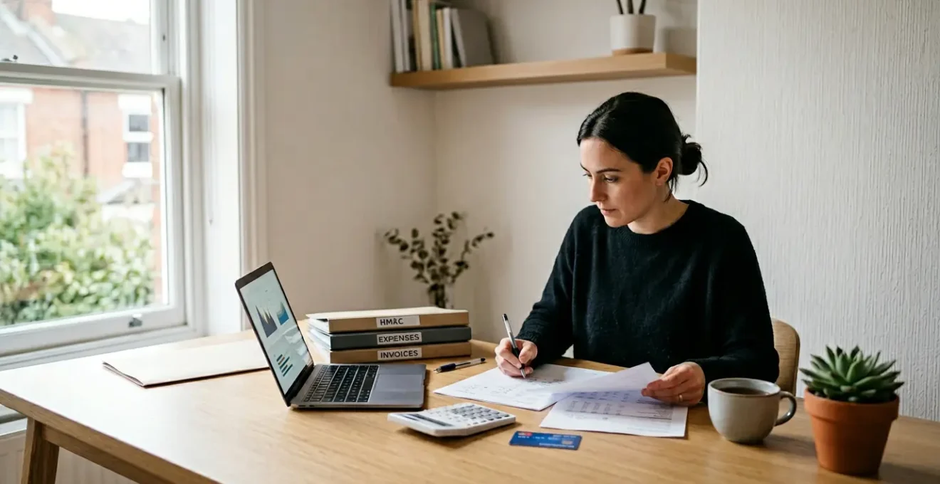 UK freelancer organizing financial documents and bank statements at modern home office desk