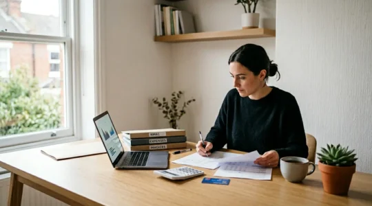 UK freelancer organizing financial documents and bank statements at modern home office desk