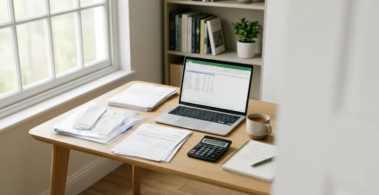 Professional home office setup showing a freelancer calculating tax deductions with documents and receipts organized on desk