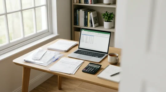 Professional home office setup showing a freelancer calculating tax deductions with documents and receipts organized on desk