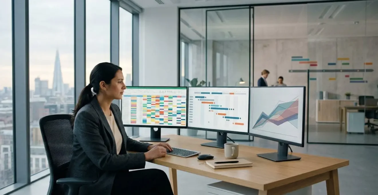Professional accountant reviewing multiple spreadsheets showing 52-week reference periods for holiday pay calculations in a modern UK office