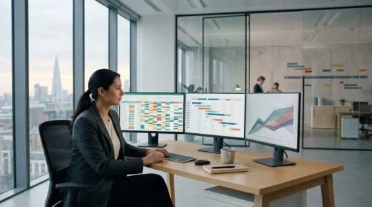 Professional accountant reviewing multiple spreadsheets showing 52-week reference periods for holiday pay calculations in a modern UK office