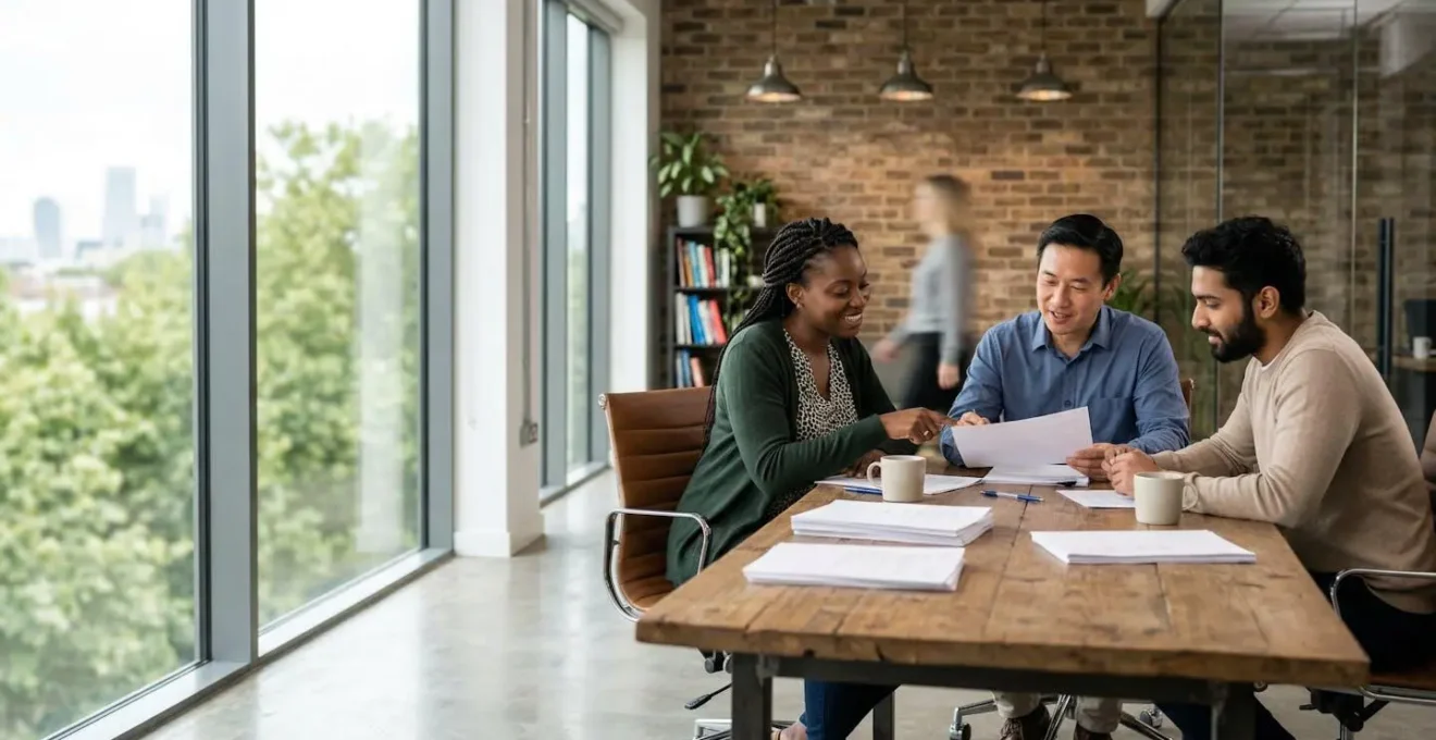 UK payroll professionals collaborating on RTI compliance in modern office