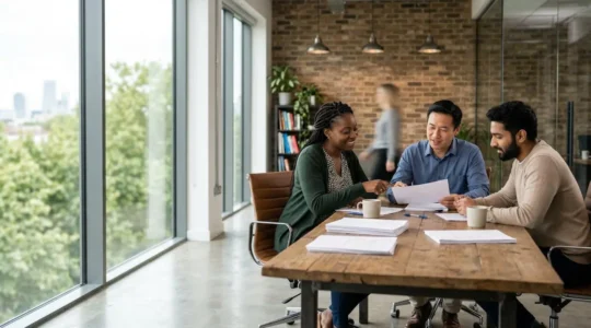 UK payroll professionals collaborating on RTI compliance in modern office