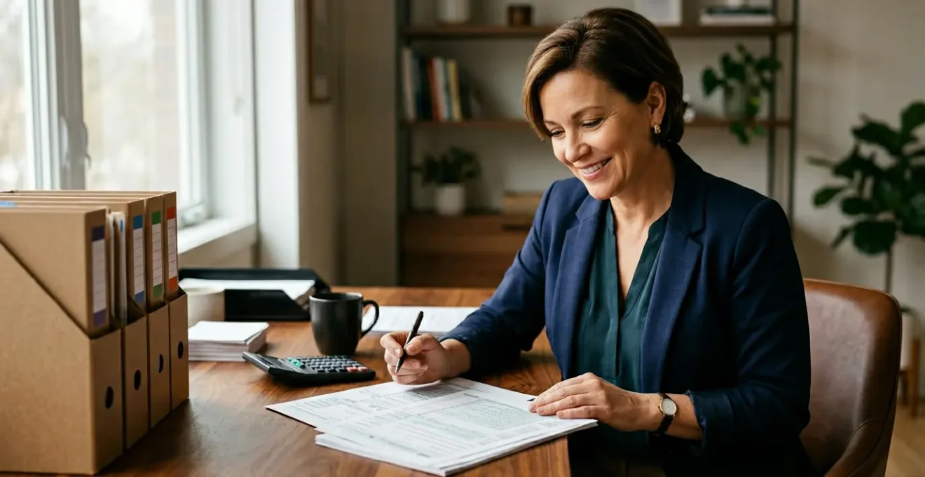Professional organizing tax documents and financial paperwork in calm home office setting