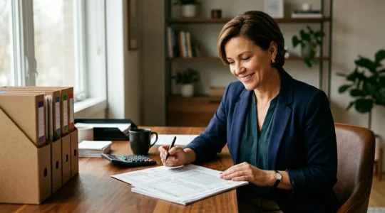 Professional organizing tax documents and financial paperwork in calm home office setting