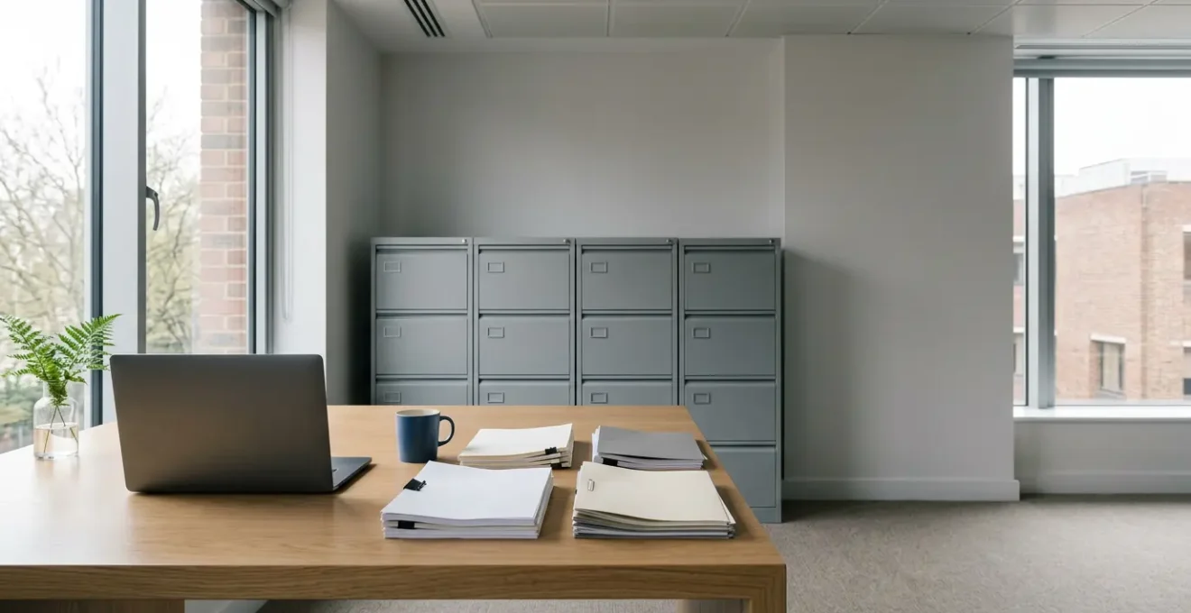 Professional UK accountant reviewing statutory financial documents in modern office with natural lighting