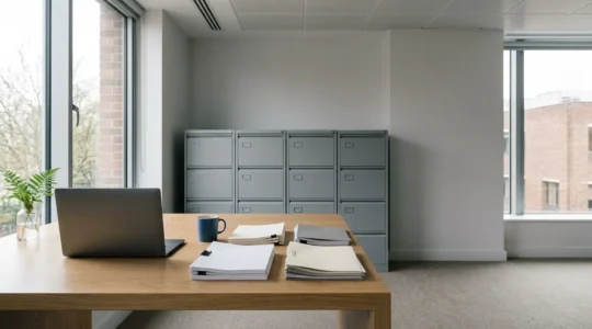 Professional UK accountant reviewing statutory financial documents in modern office with natural lighting
