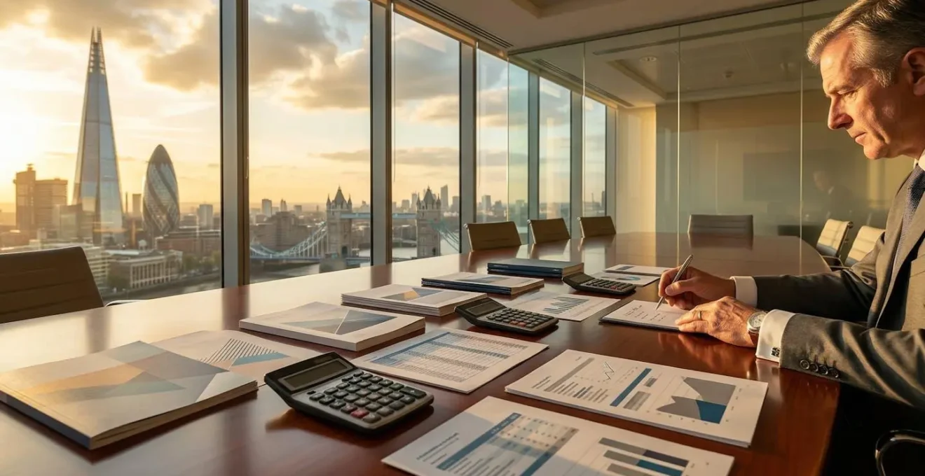 Strategic tax planning visualization showing financial documents and calculations in a modern UK corporate office setting