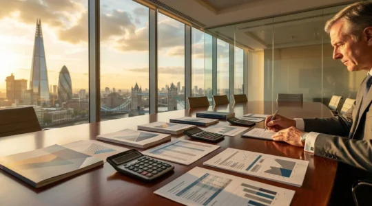 Strategic tax planning visualization showing financial documents and calculations in a modern UK corporate office setting
