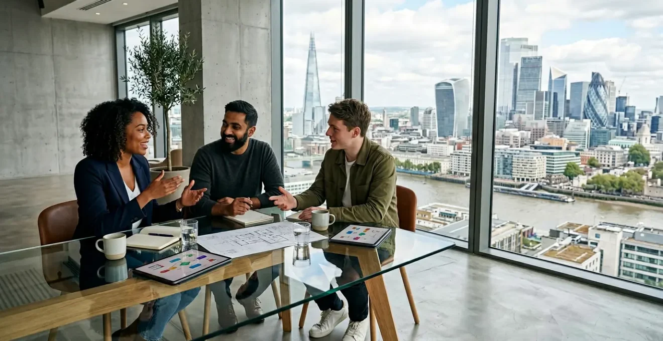 Tech startup founders in discussion around modern glass meeting room table with London skyline view