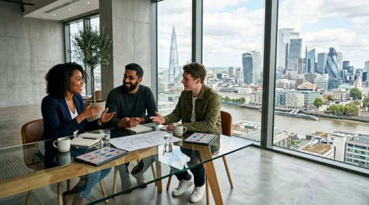 Tech startup founders in discussion around modern glass meeting room table with London skyline view