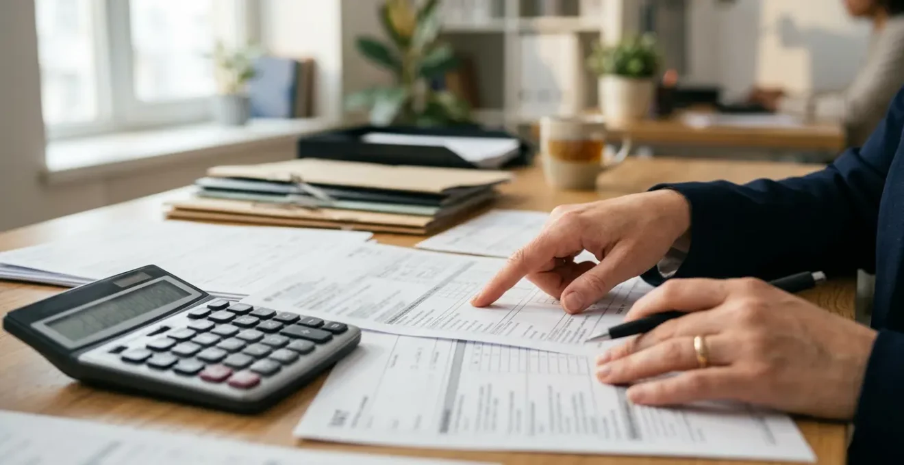 Professional hands reviewing VAT documents with calculator and financial paperwork on office desk