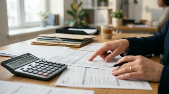Professional hands reviewing VAT documents with calculator and financial paperwork on office desk