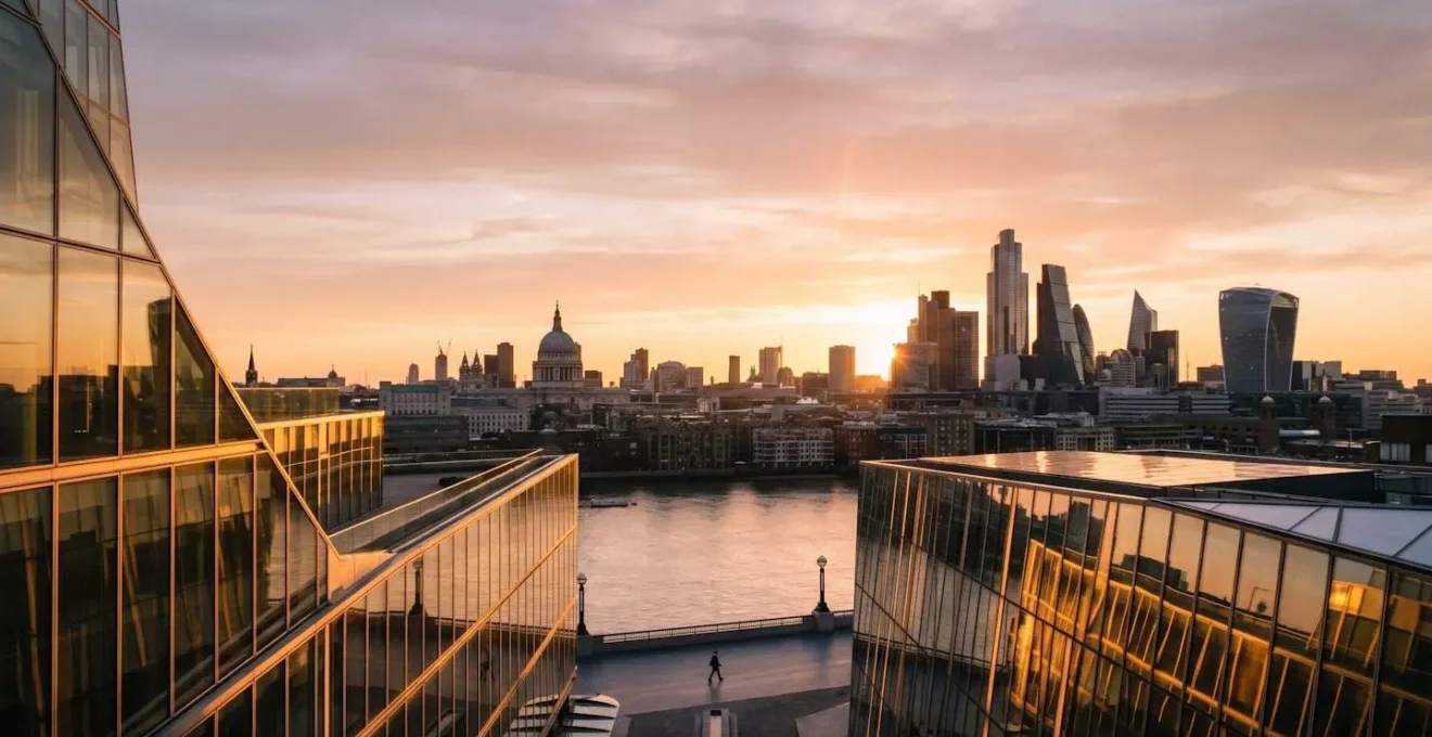 Wide view of London business district showcasing professional virtual office locations