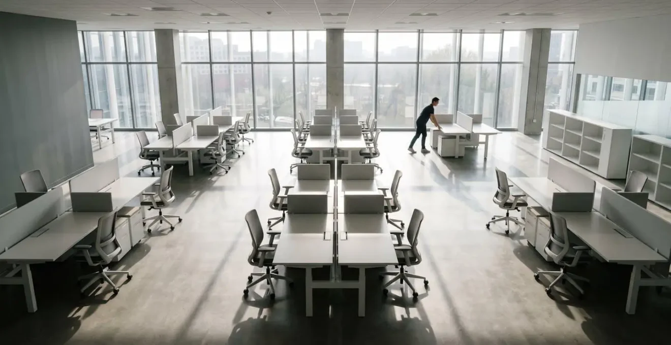 Wide angle view of minimalist office space showing transition and adaptation