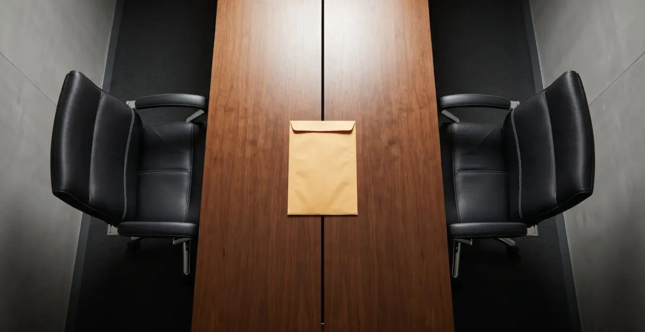 Abstract visualization of partnership buyout negotiation process represented by two chairs and a sealed envelope on a table