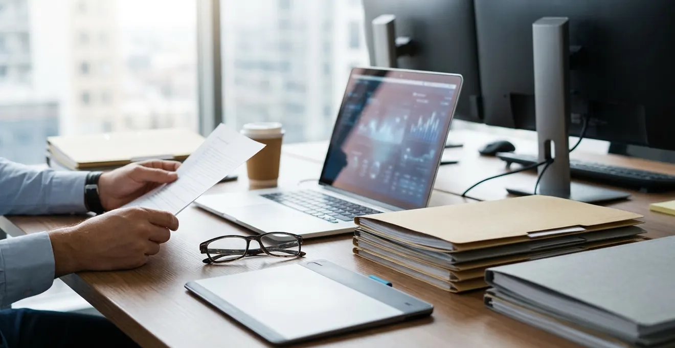 Professional hands cross-checking Swiss payroll slips and employee records with calculator in an organized workspace