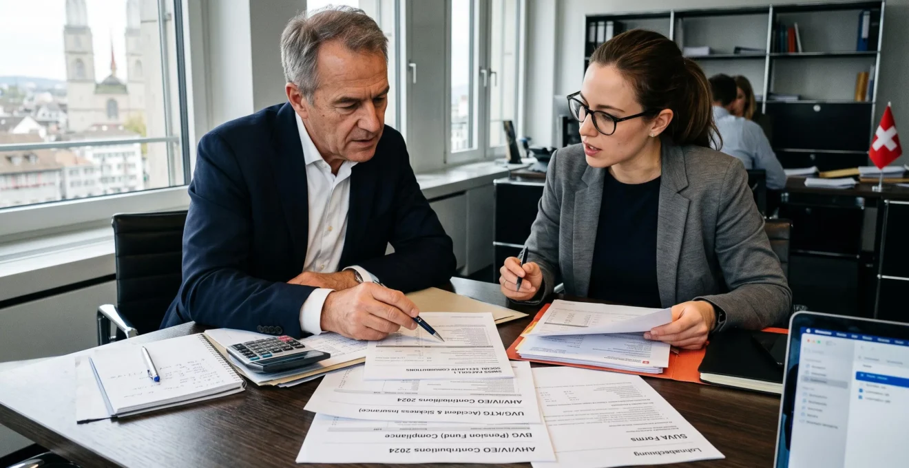 Financial manager and Swiss payroll specialist reviewing employee insurance contribution documents and compliance paperwork in a professional consultation