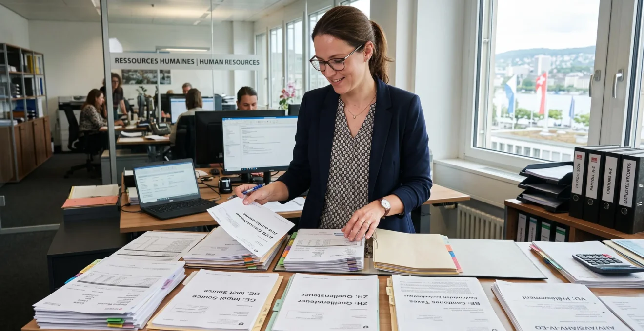 Payroll professional organizing multilingual Swiss administrative documents including cantonal tax forms and employee files in an HR office
