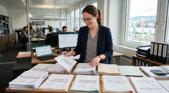 Payroll professional organizing multilingual Swiss administrative documents including cantonal tax forms and employee files in an HR office